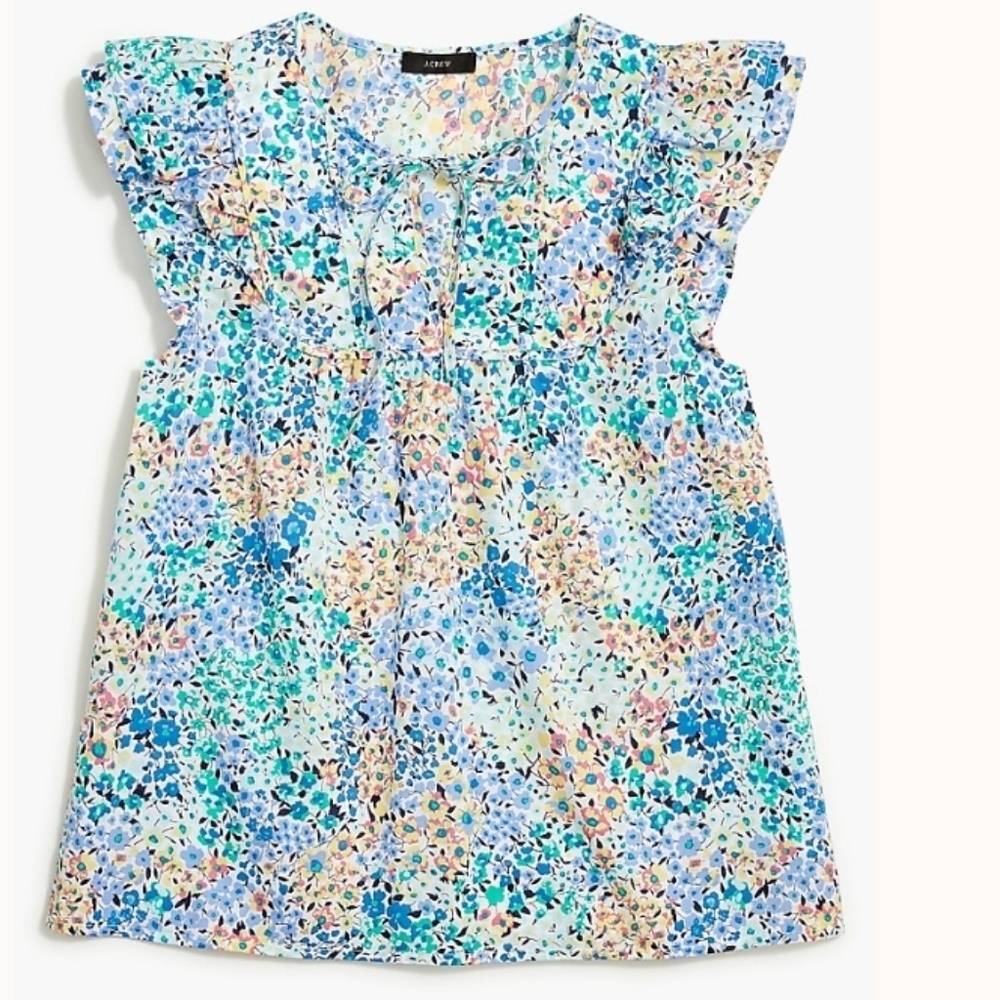 J. Crew Factory Blue Floral Flutter Sleeve Blouse Spring Flowers Career Top, XL